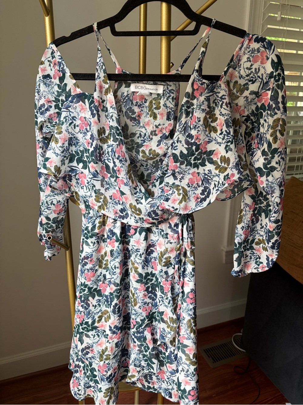 BCBGeneration Floral Cold-Shoulder Dress in White and Pink